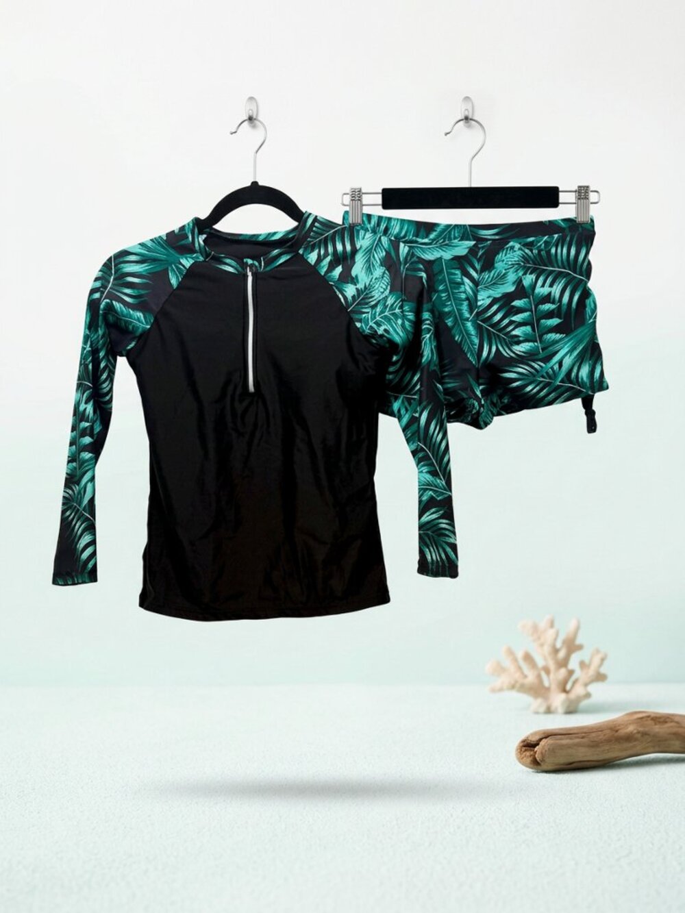 Black and Teal Tropical Rash Guard with Swim Shorts Set